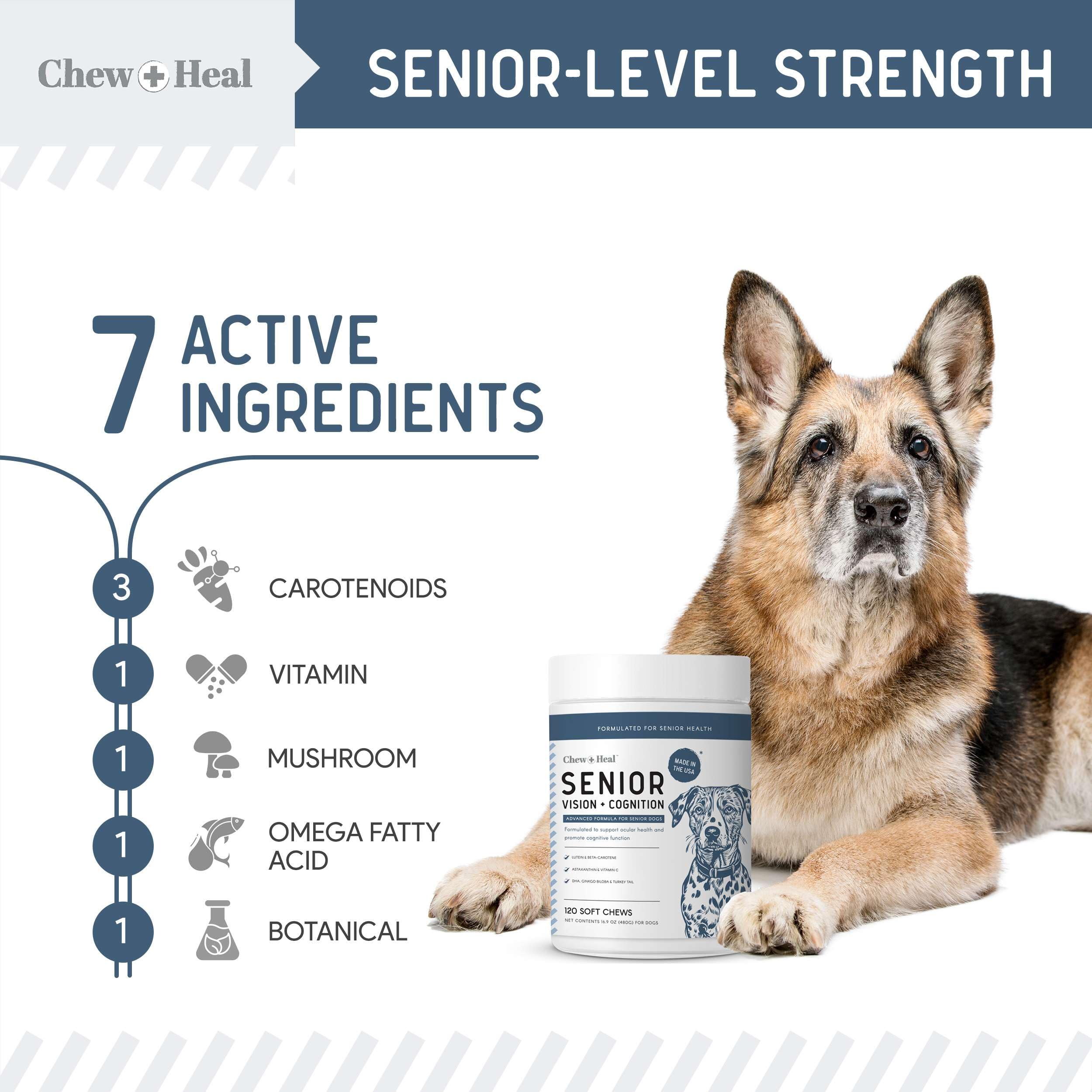 Chew + Heal Labs senior dog chews with algae oil support coat and skin health.