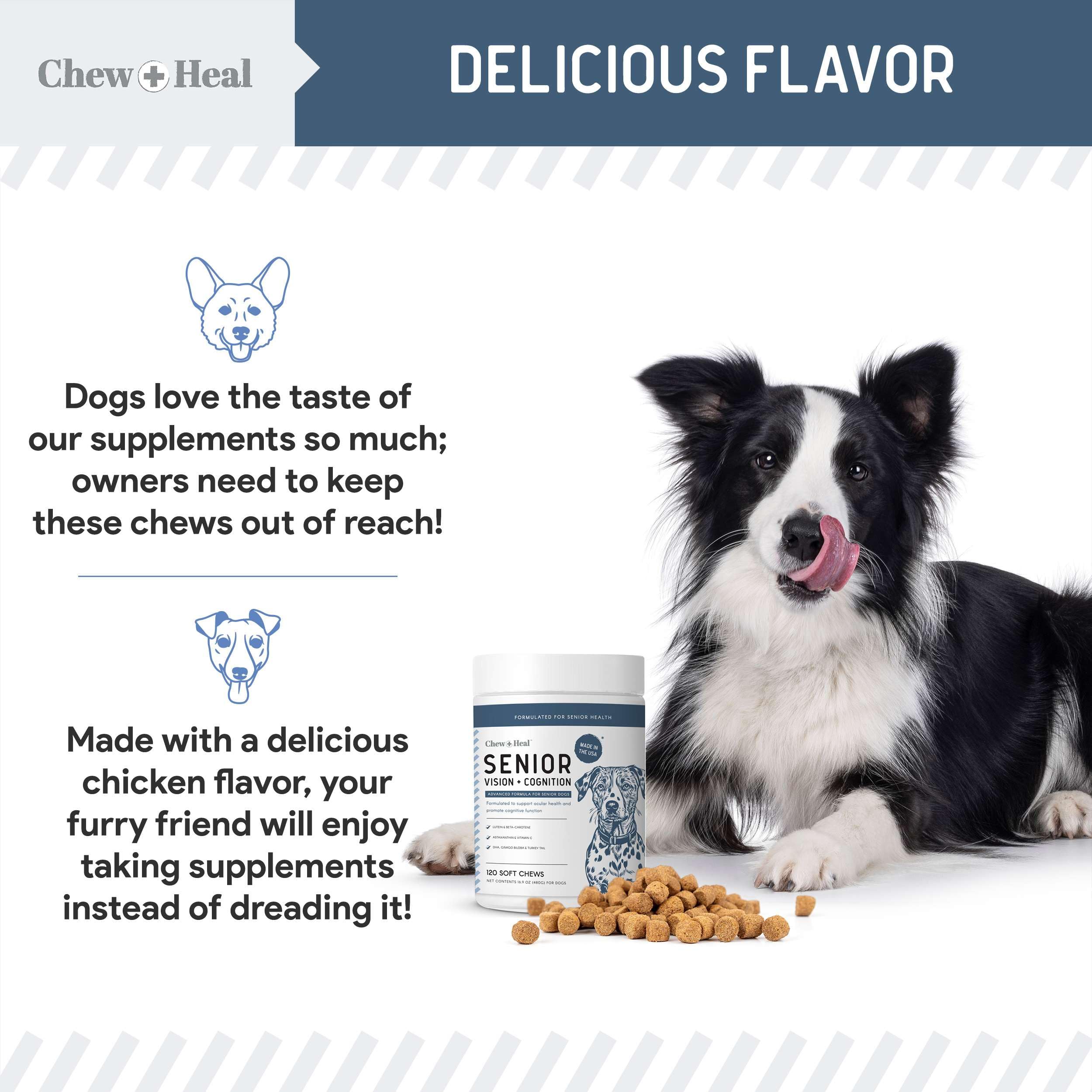 Chew + Heal Labs USA-made label indicates domestic quality and safety standards.