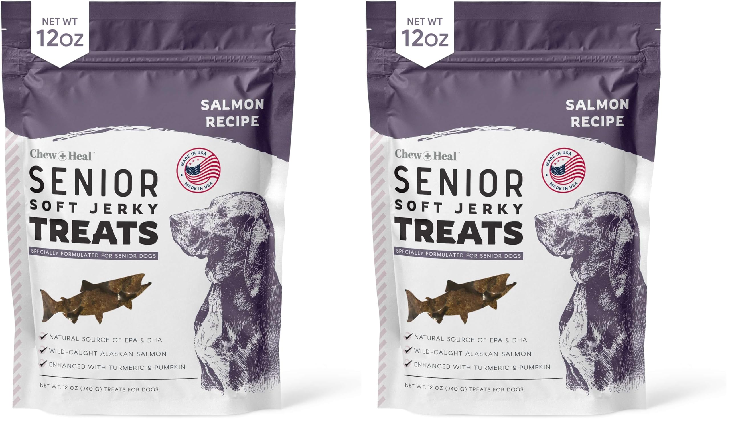 Chew + Heal Labs seniors soft jerky salmon treats pack close-up with potential joint-support benefits.
