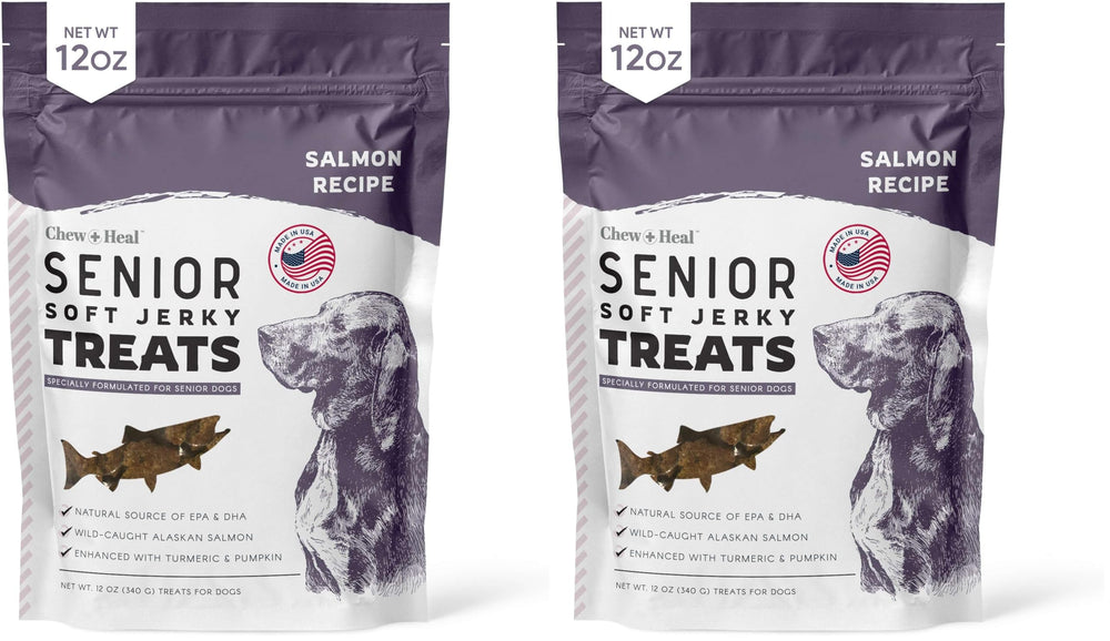 Chew + Heal Labs seniors soft jerky salmon treats pack close-up with potential joint-support benefits.