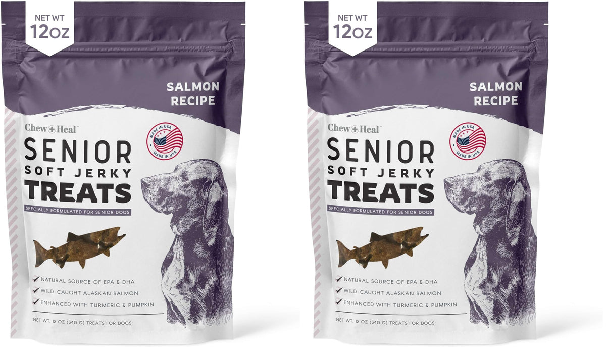 Chew + Heal Labs seniors soft jerky salmon treats pack close-up with potential joint-support benefits.