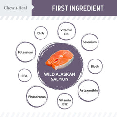 Chew + Heal Labs senior dog treats with wild salmon image emphasizes omega-3 benefits for skin and coat.