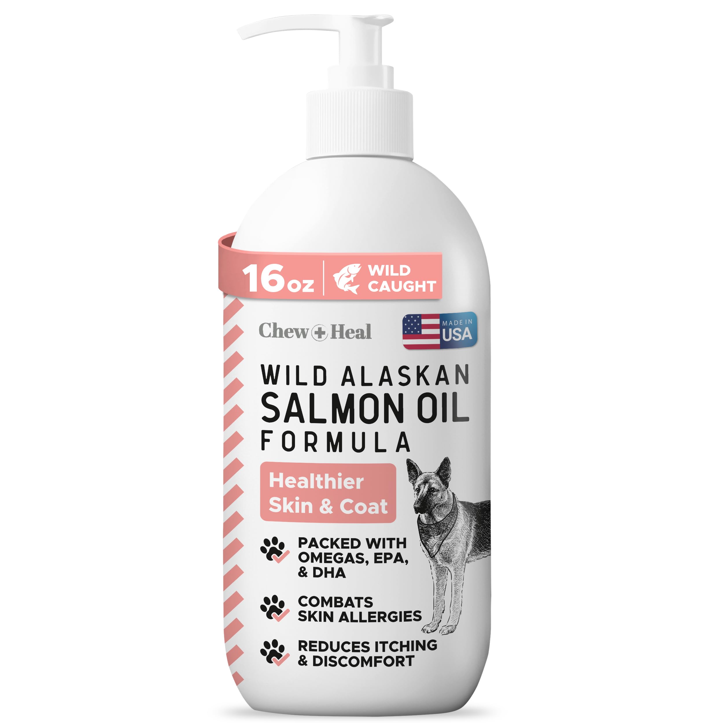 Chew + Heal Labs wild Alaskan salmon oil bottle with pump-cap for easy dosing and healthy coat support.