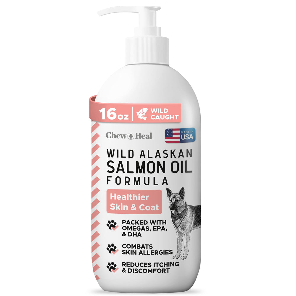 Chew + Heal Labs wild Alaskan salmon oil bottle with pump-cap for easy dosing and healthy coat support.