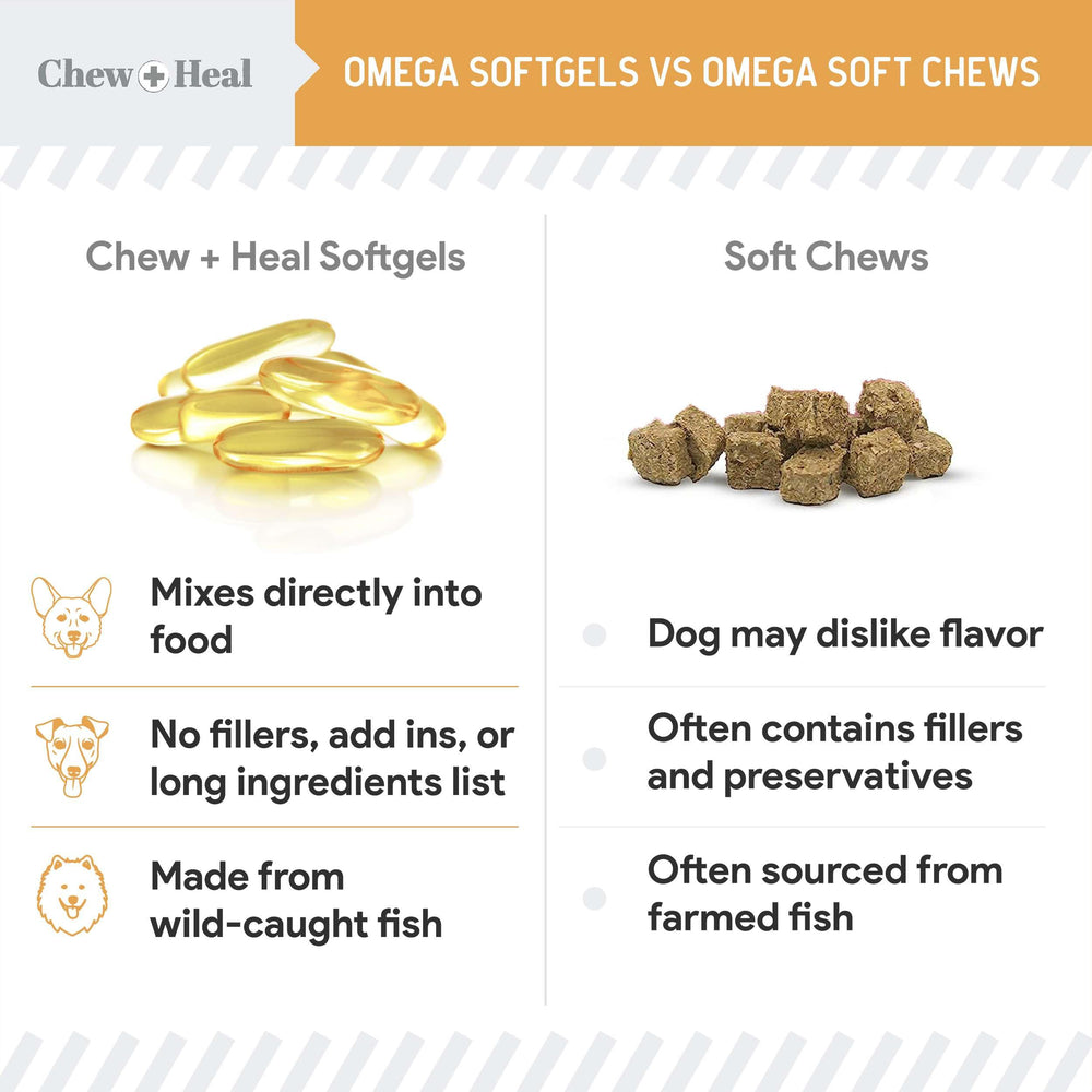 Chew + Heal Labs pierced softgel poured into dog food for easy feeding.