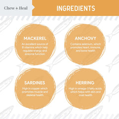 Close-up of Chew + Heal Labs omega-3 dog softgels ready to swallow.
