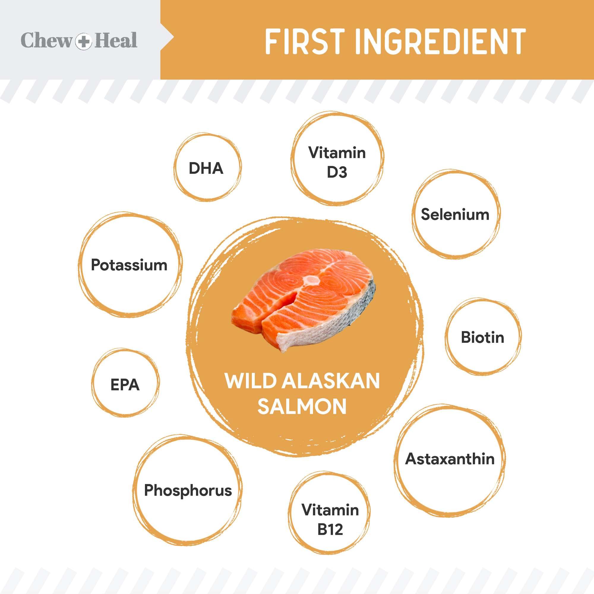 Chew + Heal Labs wild-caught salmon closeup highlights omega nutrition for coats