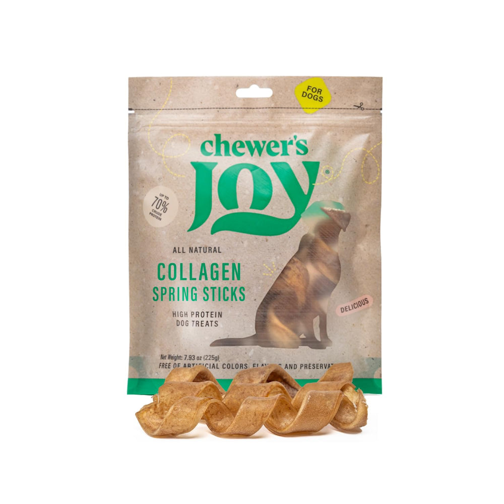 Chewer's Joy Collagen Spring Stick packaging showing single-ingredient dog treat for long-lasting entertainment.