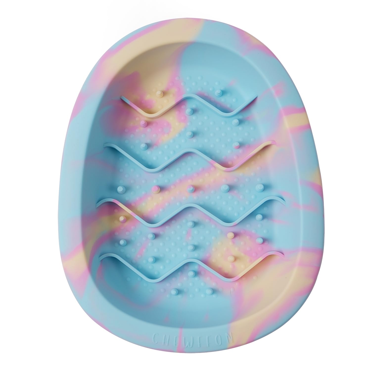 CHEWFFON lick-mat-bowl rainbow top view highlights safe, extended mealtime for pets.