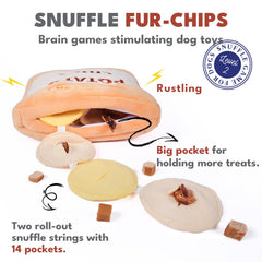 Chewffon Potato Chips Snuffle Strings image highlighting 14 pockets for treat treasure hunting.