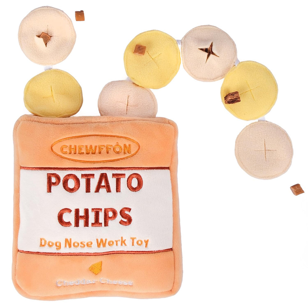 Chewffon Rustle Potato Chips Toy packaging image showing a rustling bag for interactive play and nose work.