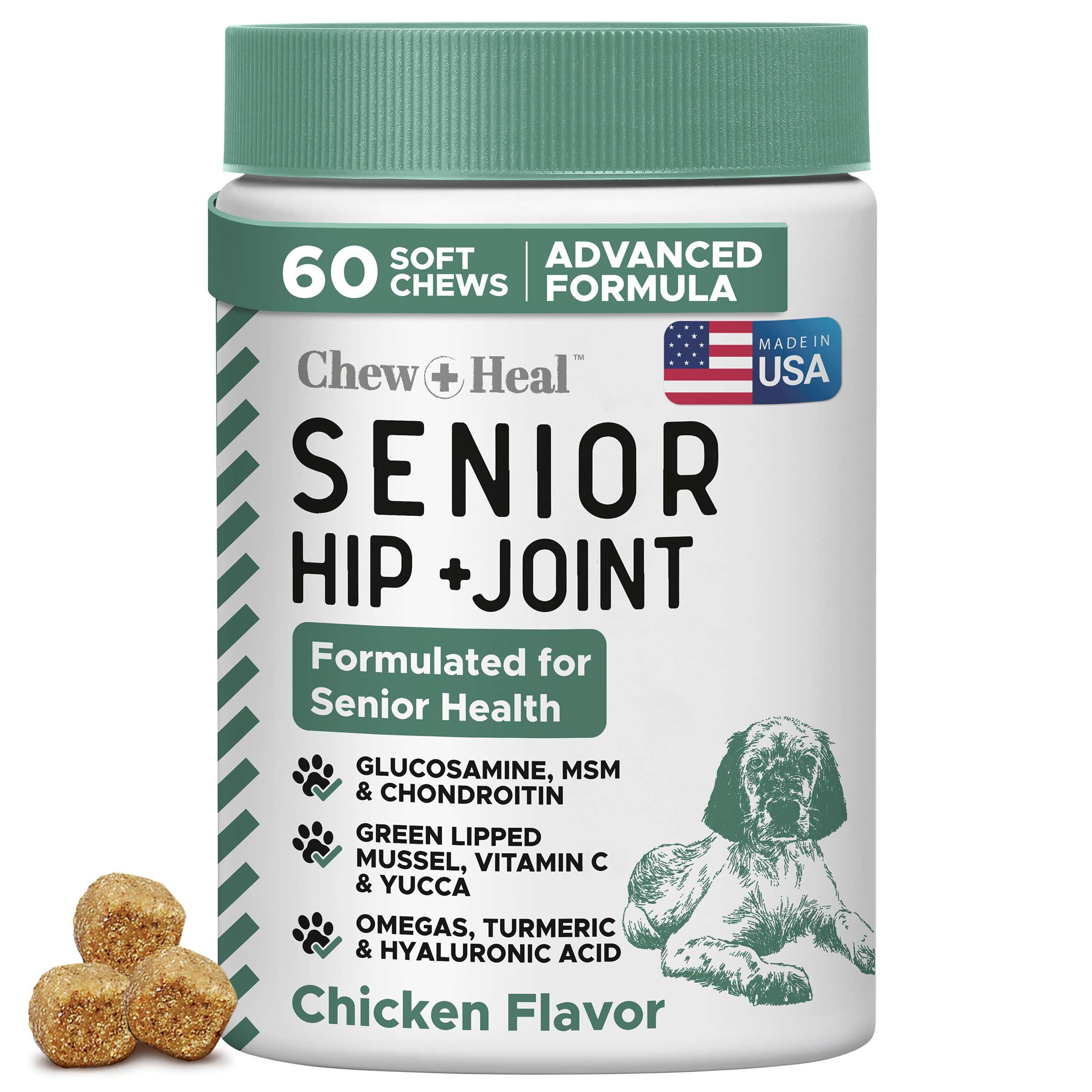 Chewheal Labs glucosamine dog soft chews bottle highlighting daily joint support