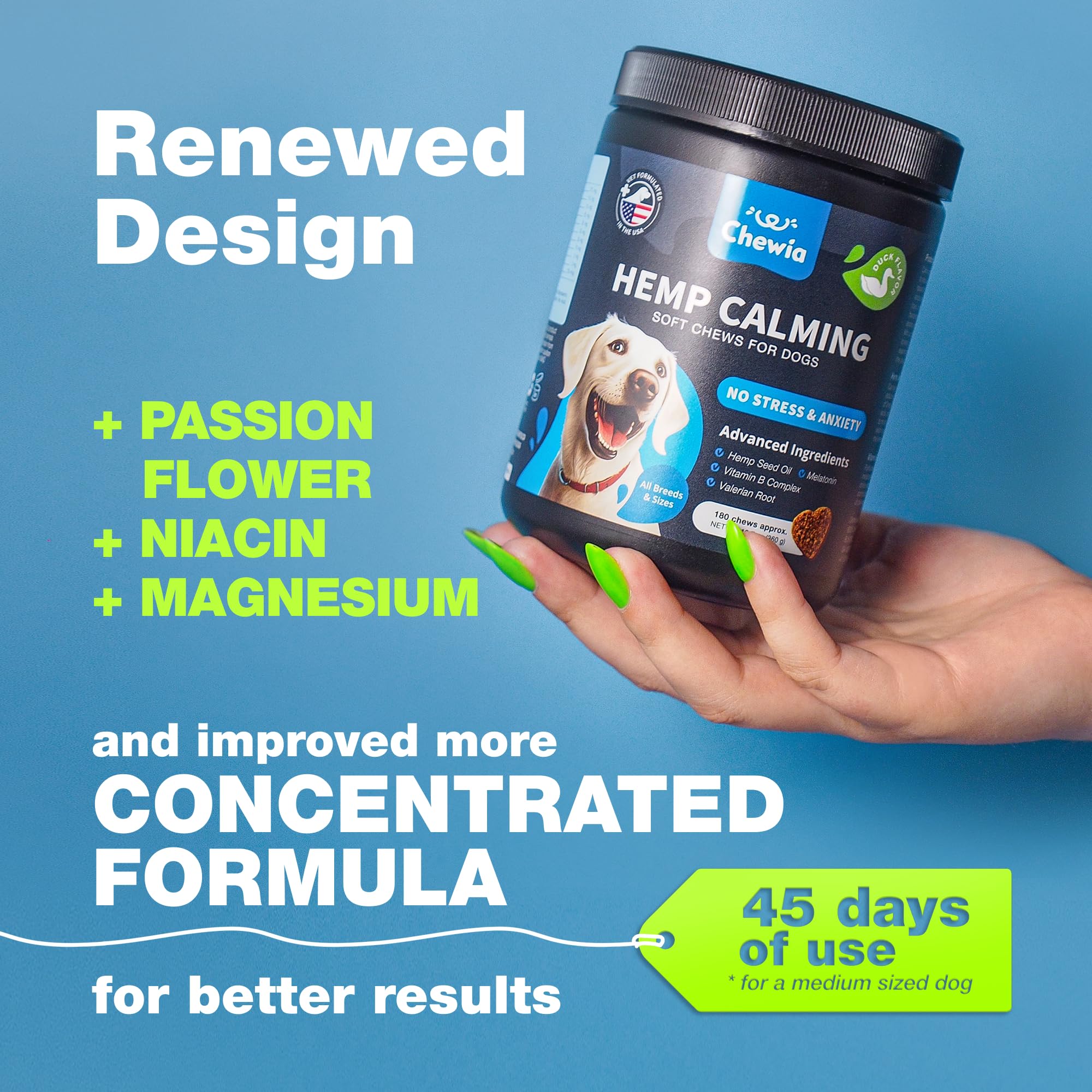 CHEWIA calming chews tin label close-up highlights ingredients for anxious dogs