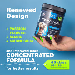 CHEWIA calming chews tin label close-up highlights ingredients for anxious dogs