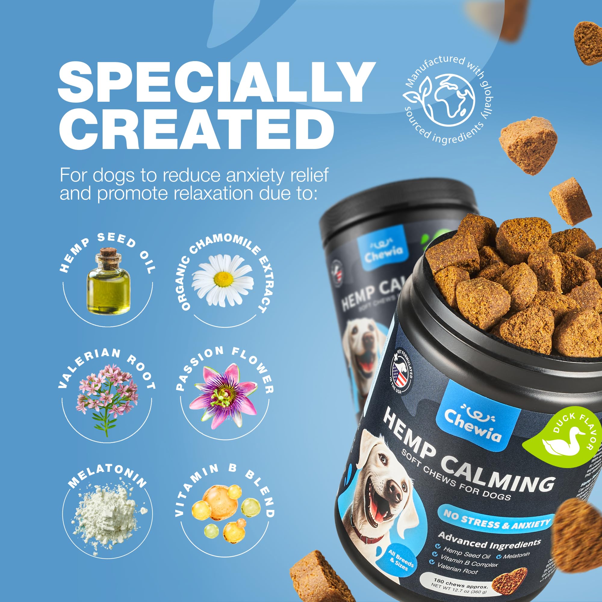 CHEWIA melatonin dog-treat packaging highlights nightly calm potential