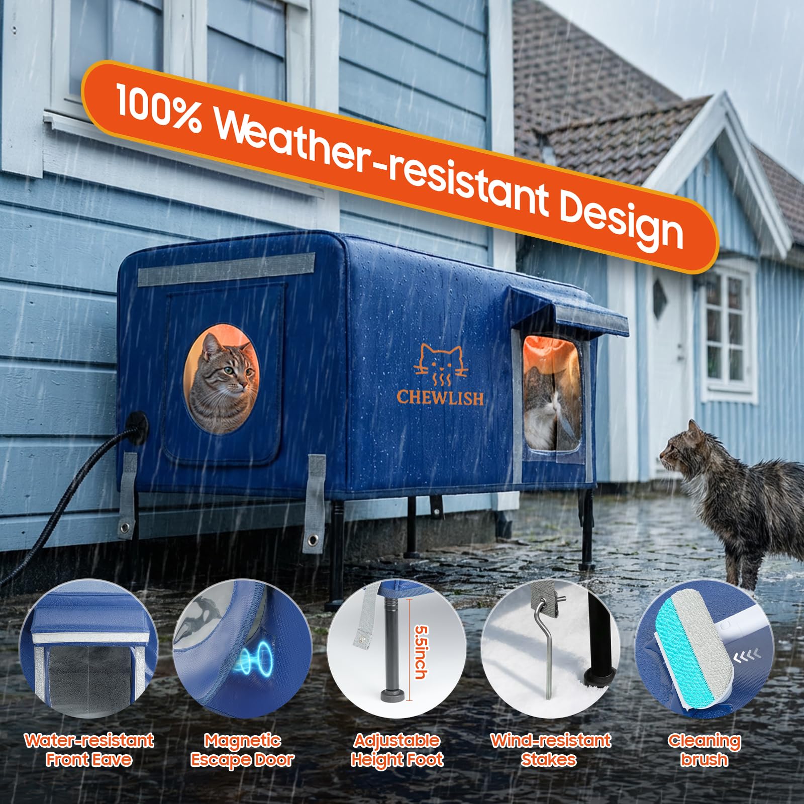 Chewlish outdoor heated cat house front view shows weatherproof, wind- and rain-resistant shelter.
