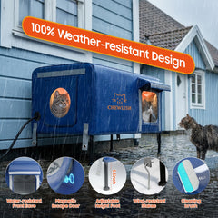 Chewlish outdoor heated cat house front view shows weatherproof, wind- and rain-resistant shelter.