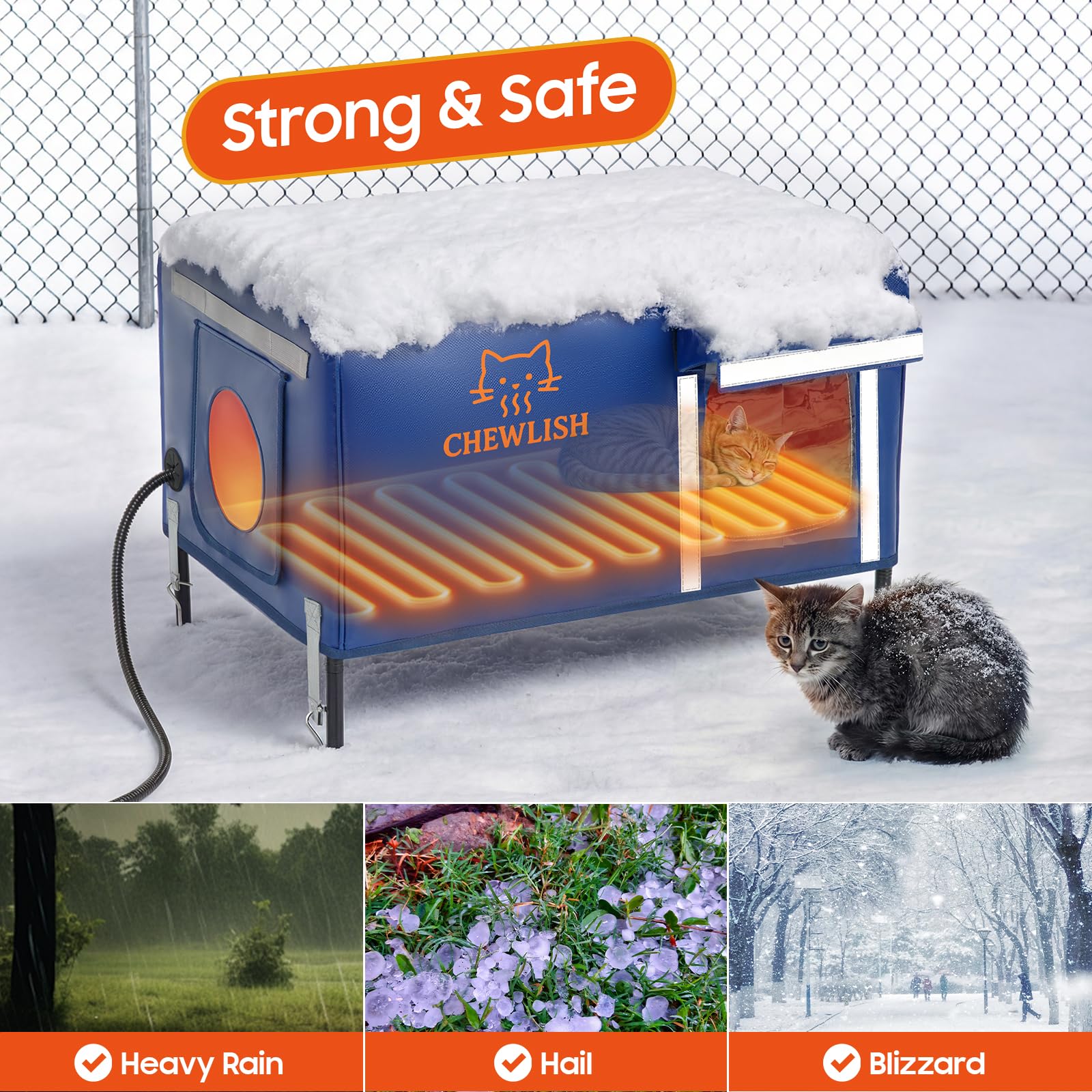 Chewlish heated cat house interior with thermostat pad for cozy naps.