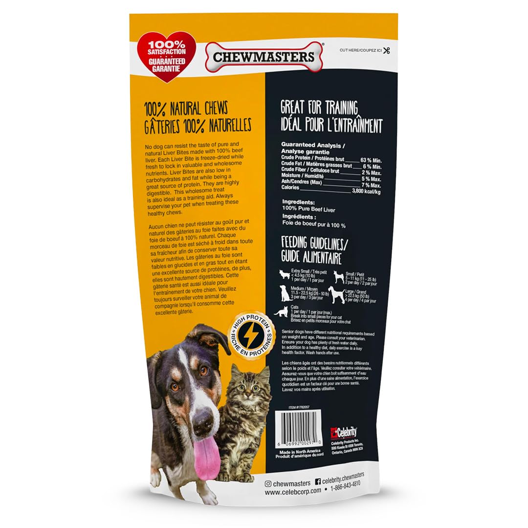 Protein-rich beef liver bites by Chewmasters make rewarding training.