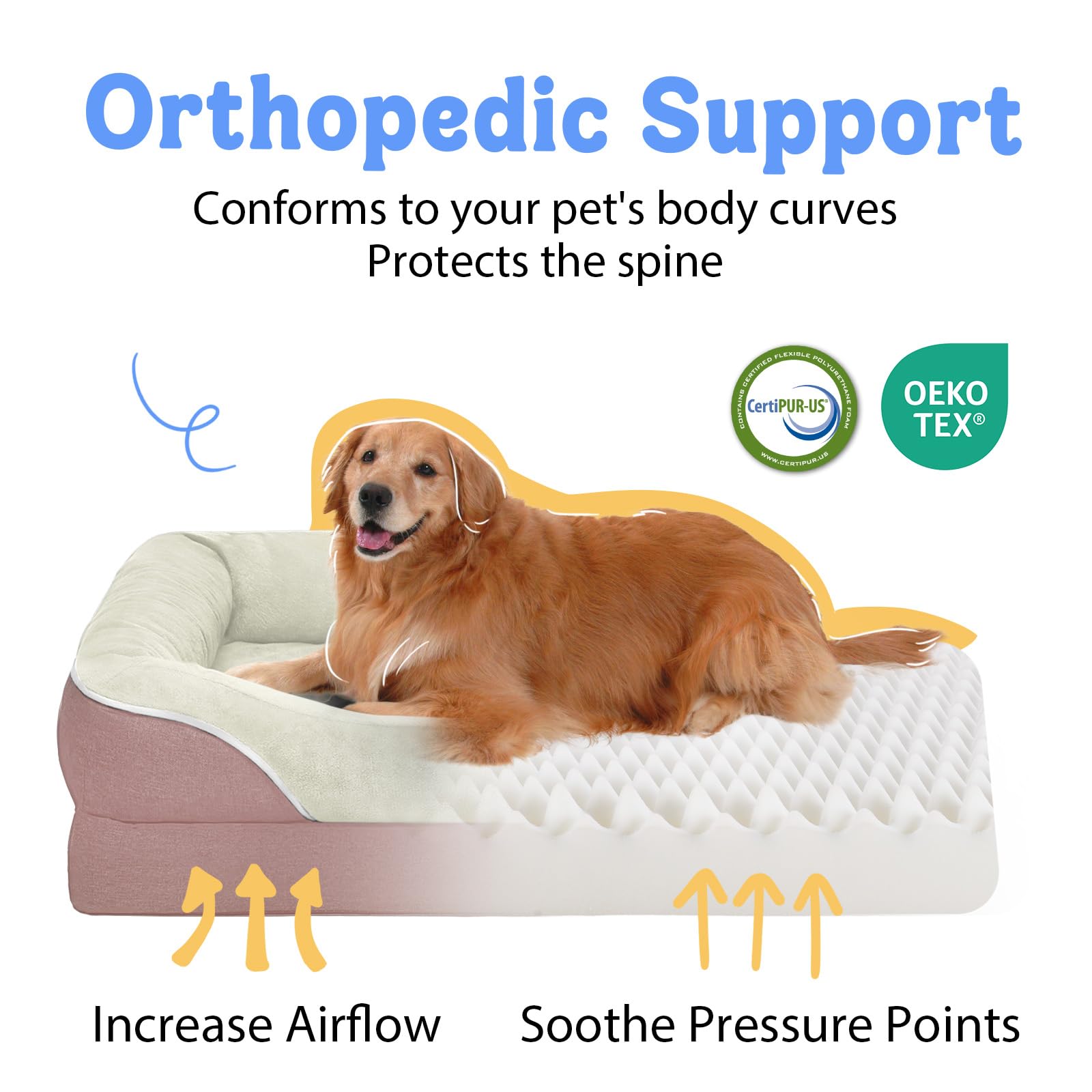 Chez Paw orthopedic foam bed XL side view highlights supportive bolster and spacious lounge.