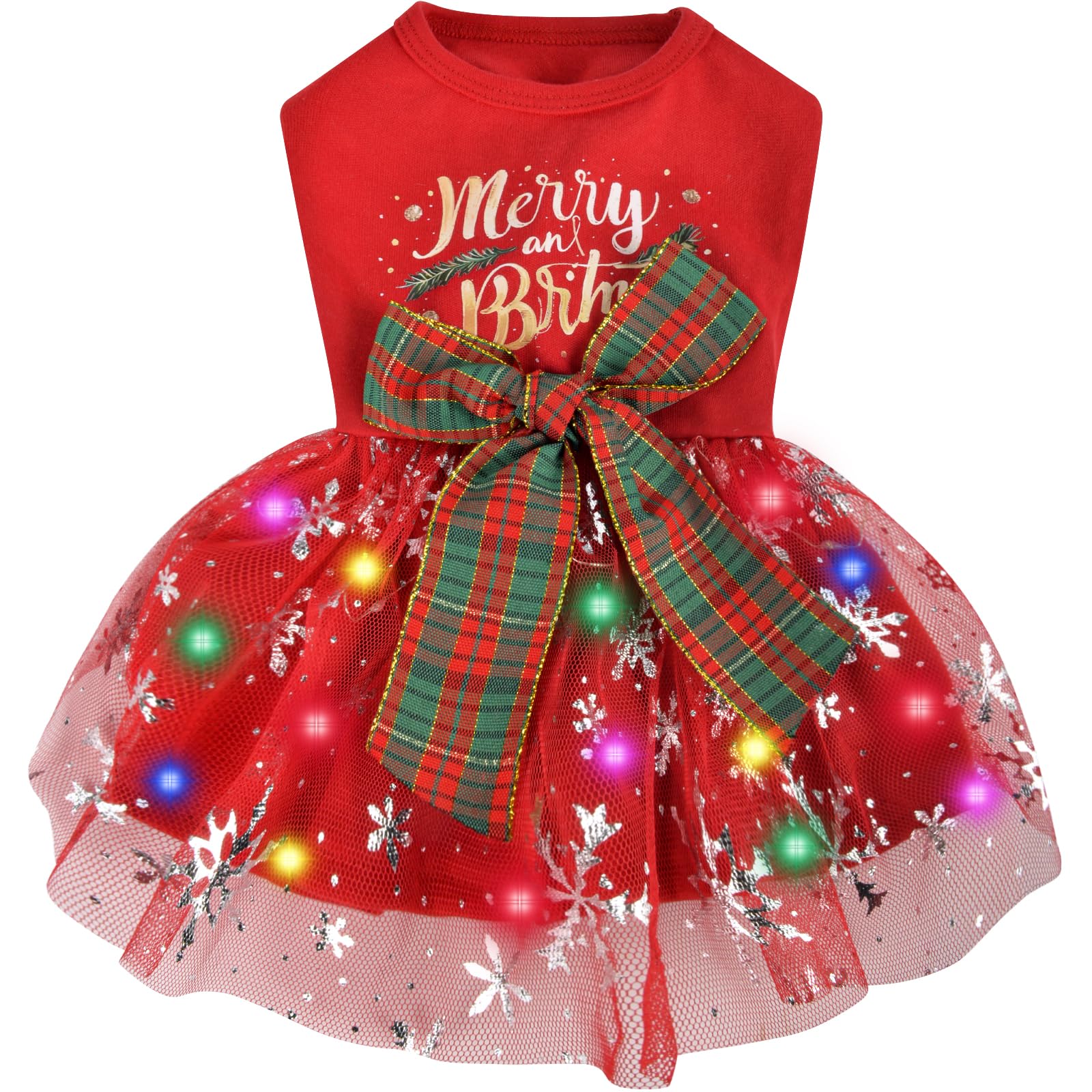 ChezAbbey dog Christmas dress with LED lights glowing for festive photos.