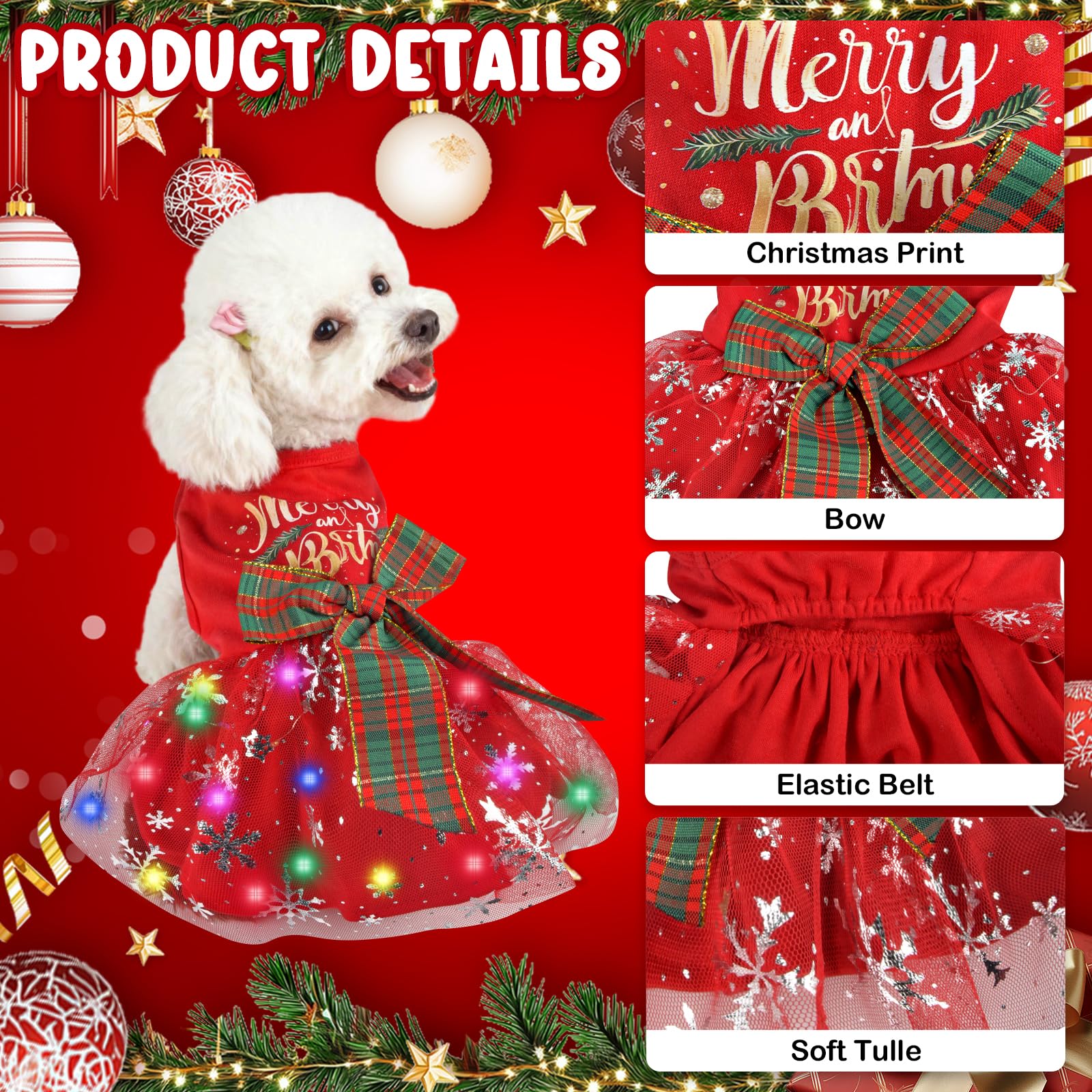 ChezAbbey dress features tulle skirt with glittering snowflakes.