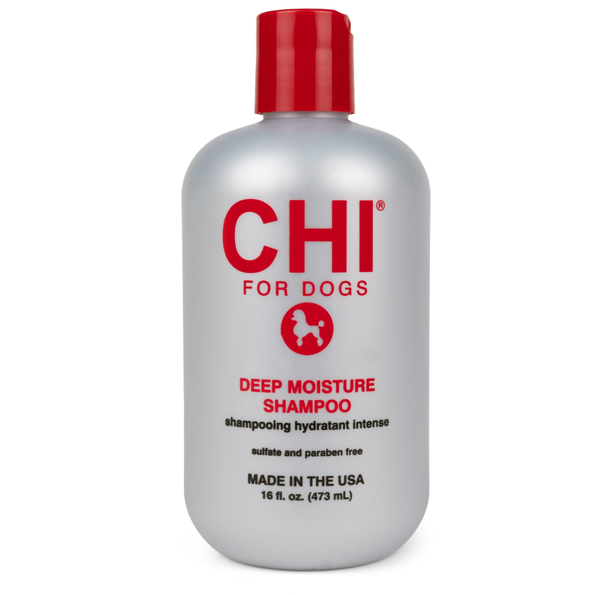 CHI for Dogs Deep Moisture Shampoo bottle demonstrates hydrating formula for dry coats.