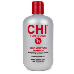 CHI for Dogs Deep Moisture Shampoo bottle demonstrates hydrating formula for dry coats.