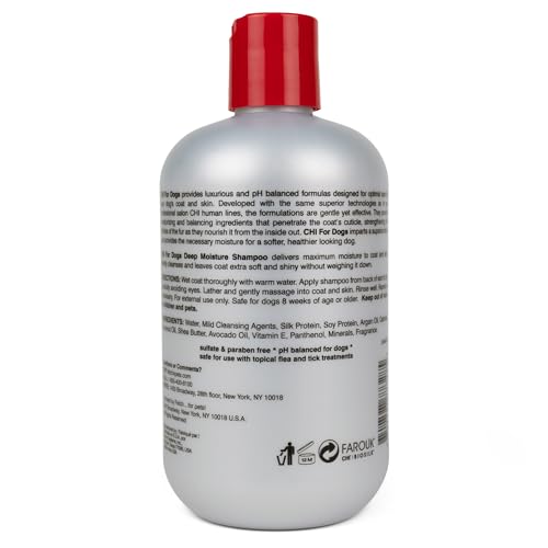 CHI for Dogs Deep Moisture Shampoo ingredient close-up highlights argan oil and silk proteins.