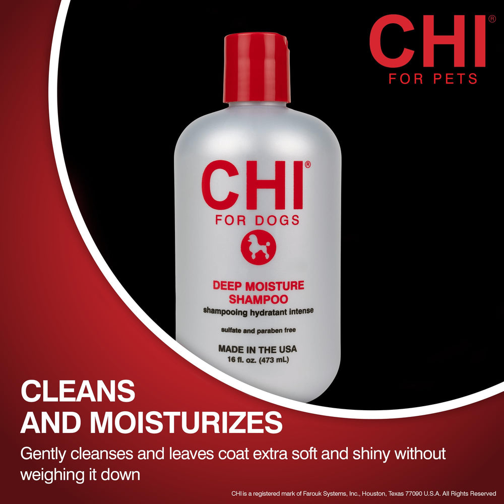 CHI for Dogs Deep Moisture Shampoo applied to a wet dog coat during bath.