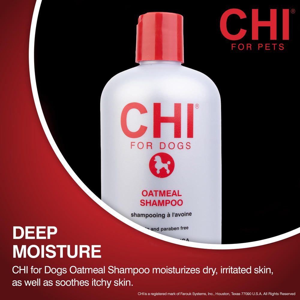 CHI For Dogs Oatmeal Shampoo ingredients—silk protein and oatmeal nourishment.