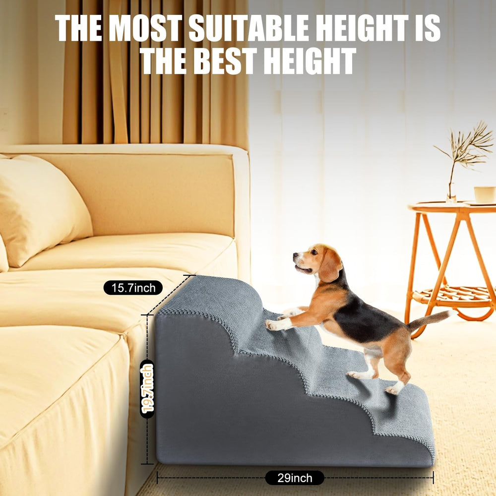 Chic Threads dog stairs positioned on couch for easy pet climb.