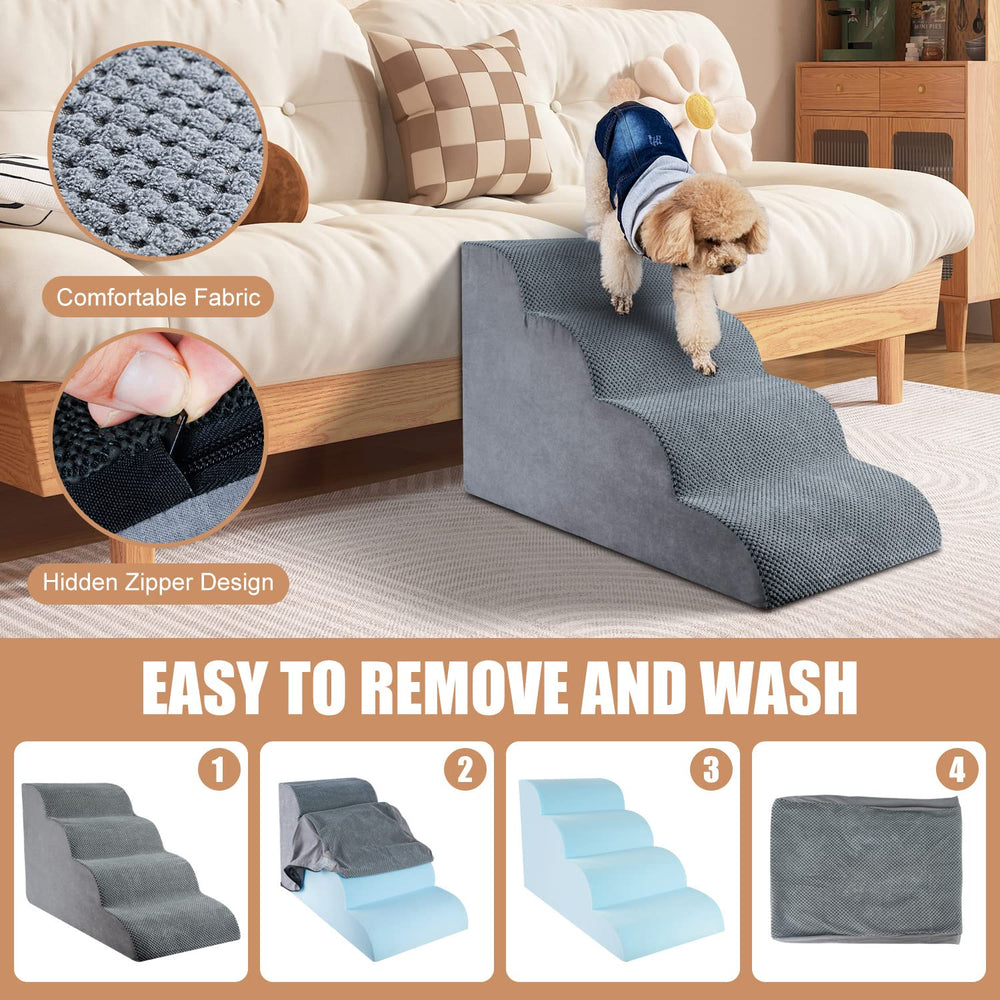 Chic Threads pet stairs with removable corduroy cover for easy cleaning.