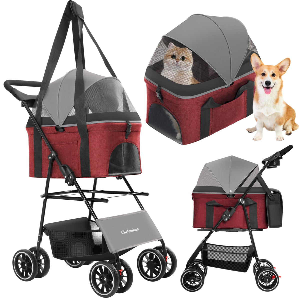 Chihuahua 2-in-1 foldable pet stroller with canopy enabling easy outdoor strolls for small pets.