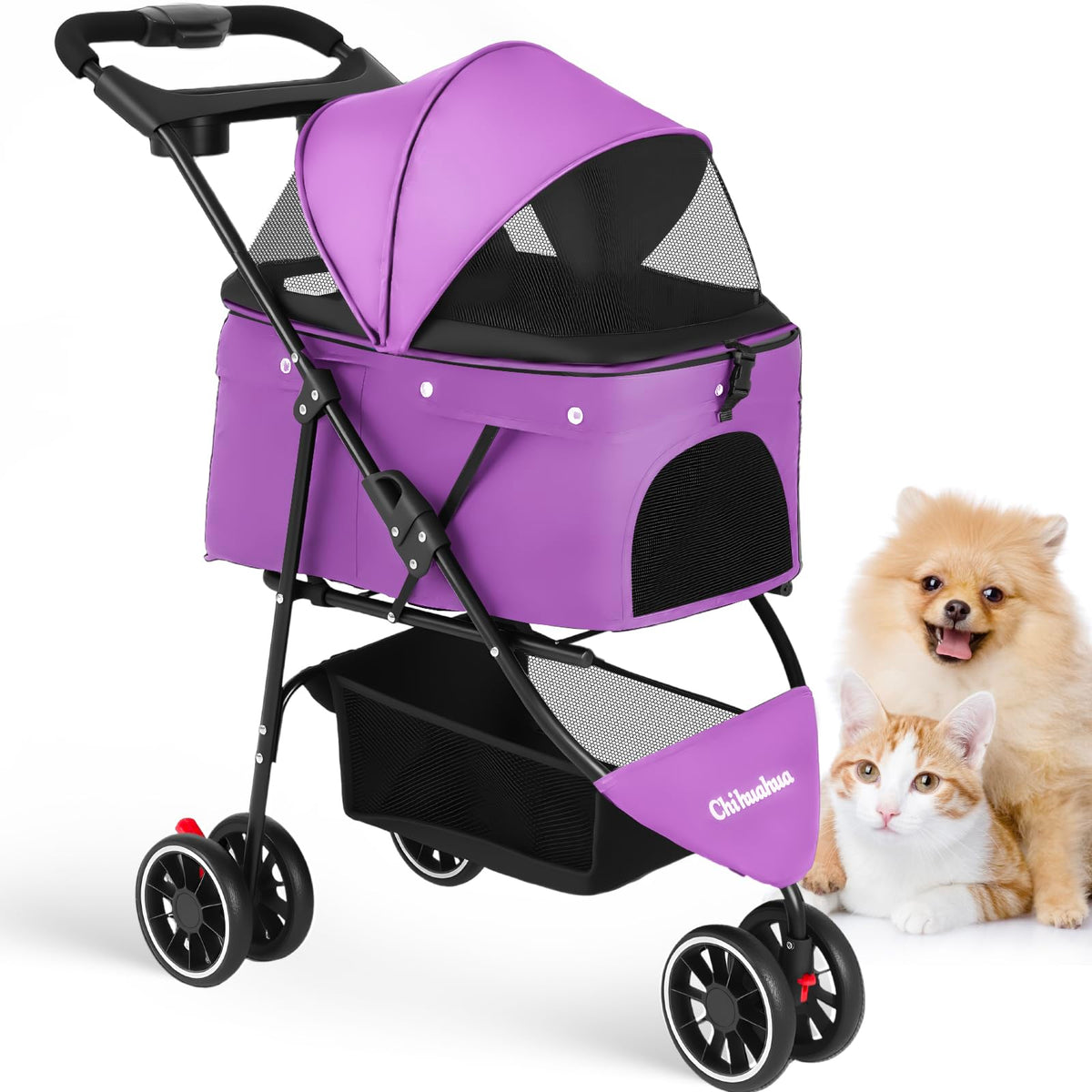 Chihuahua pet stroller 3 wheels purple shows stable movement for pets