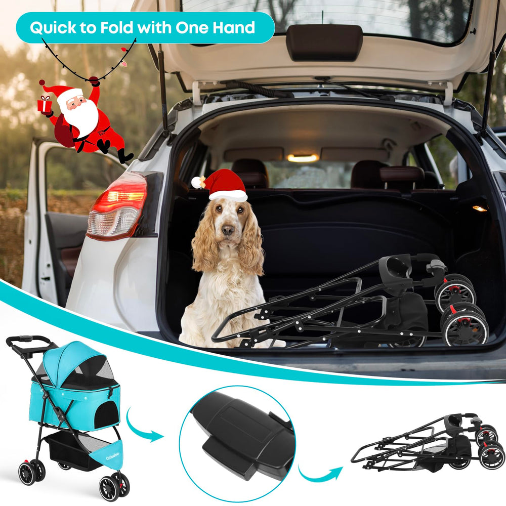 Chihuahua pet stroller canopy breathable mesh provides cooling shade on walks.