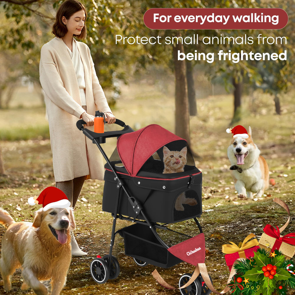 Chihuahua pet stroller with cup holders and storage basket for outings