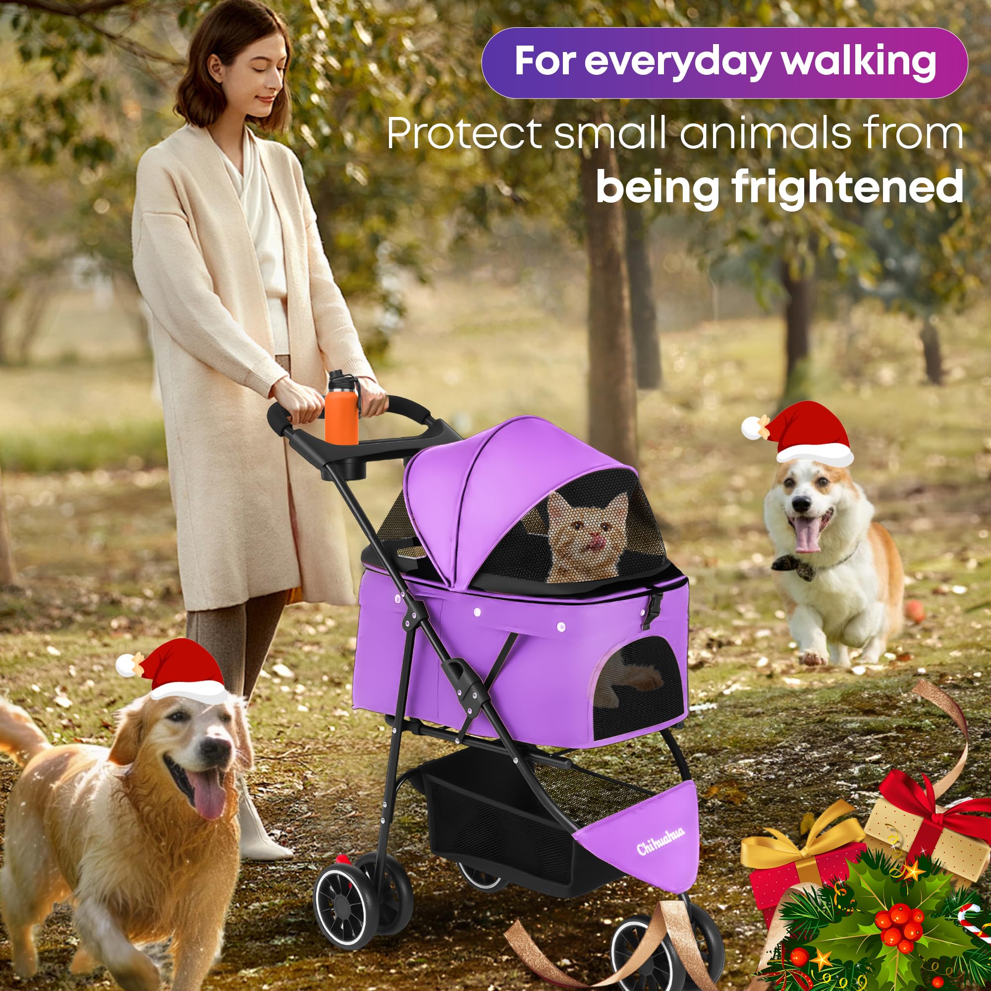Chihuahua pet stroller cup holders and storage basket for convenience