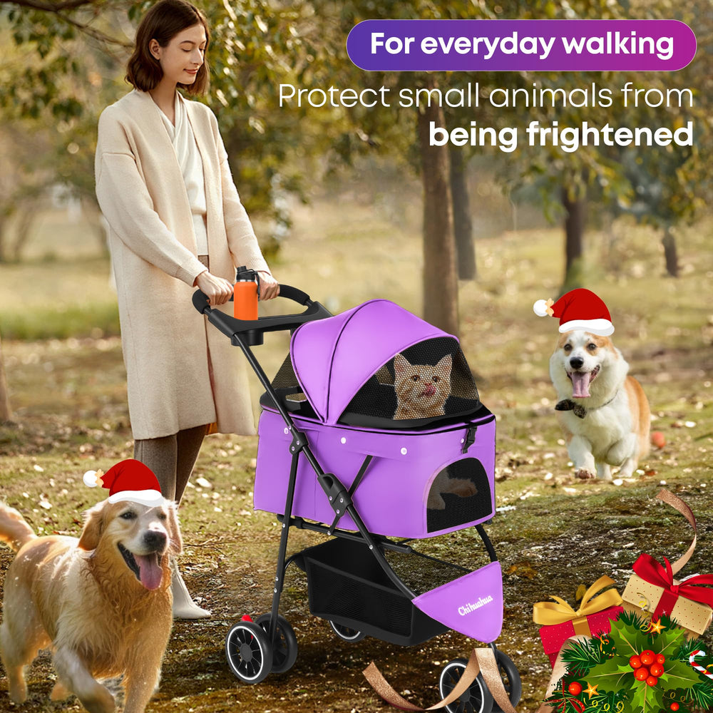 Chihuahua pet stroller cup holders and storage basket for convenience