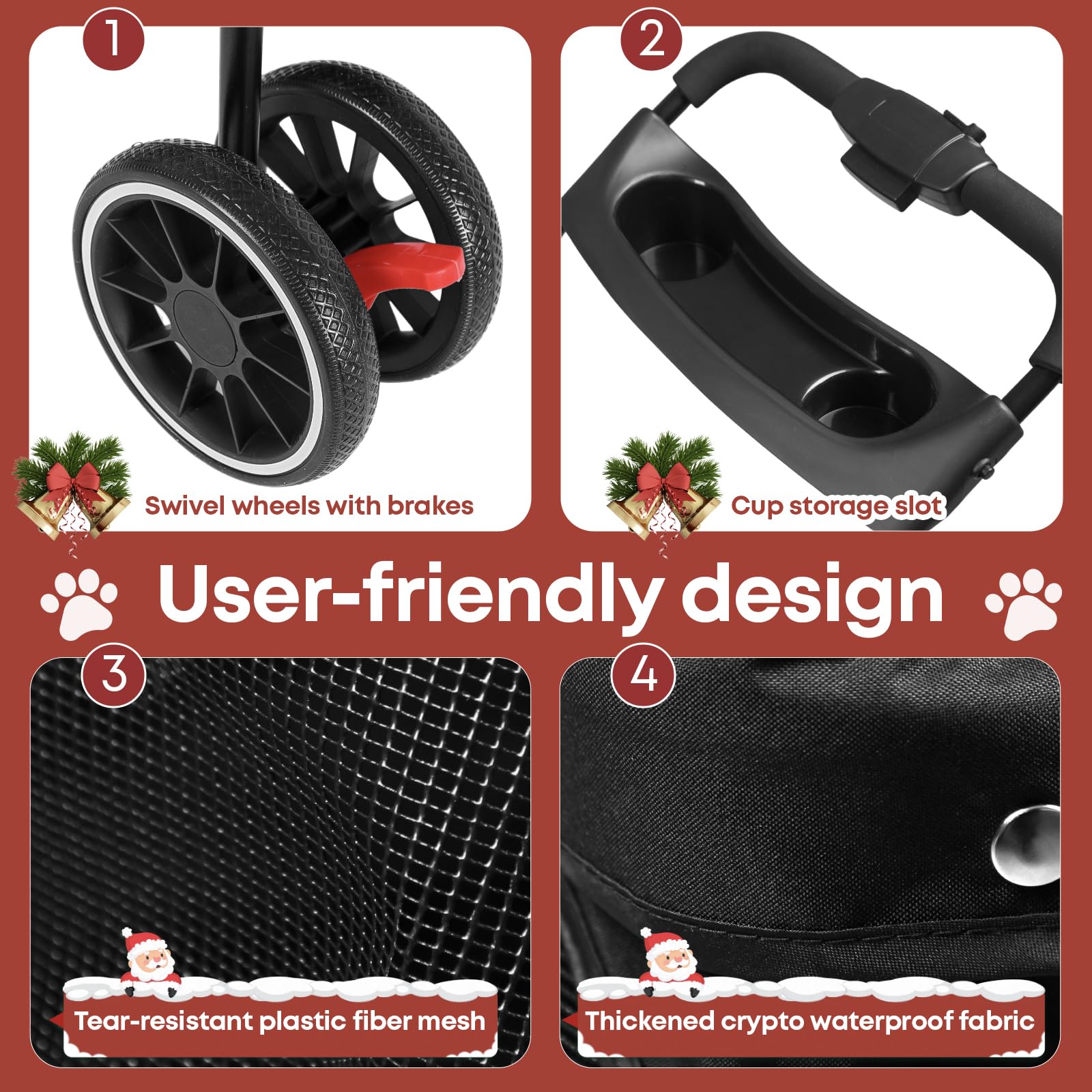 Chihuahua pet stroller with cup holders keeps water handy.