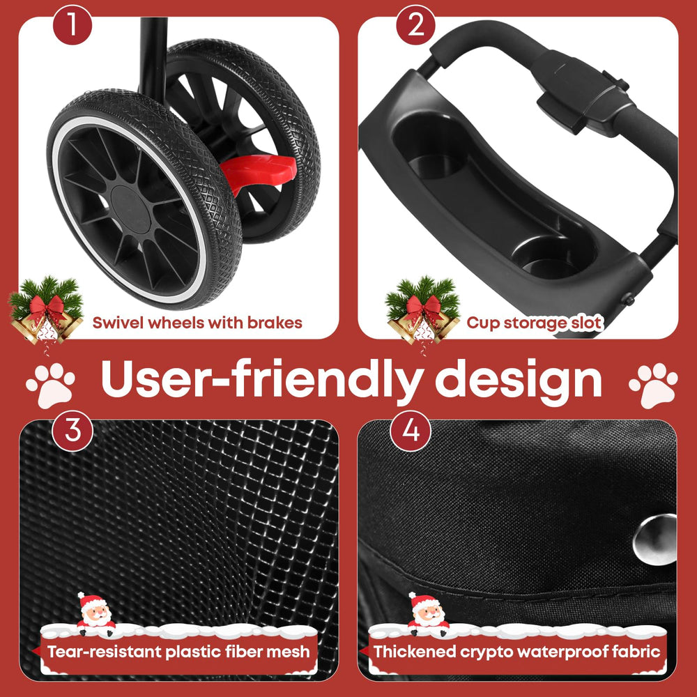 Chihuahua pet stroller with cup holders keeps water handy.