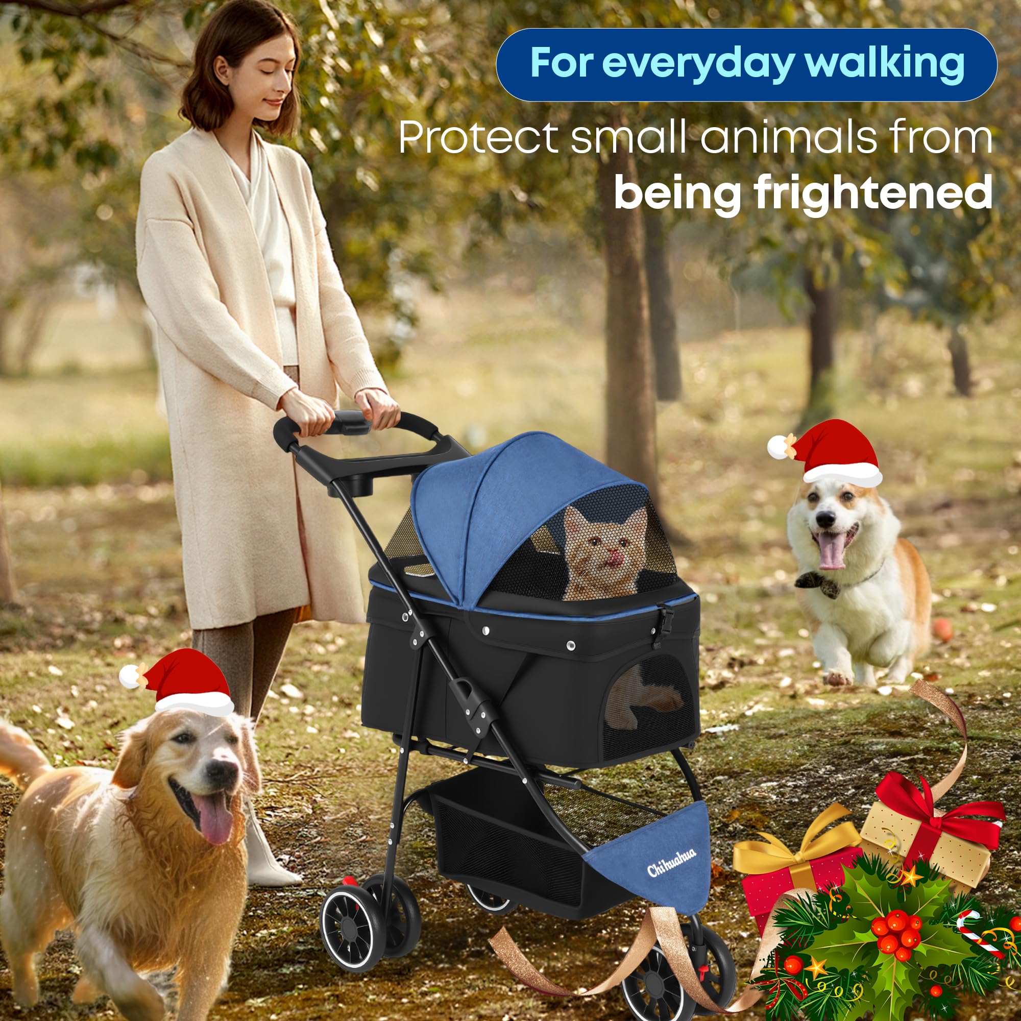 Chihuahua pet stroller folded in a compact design for travel