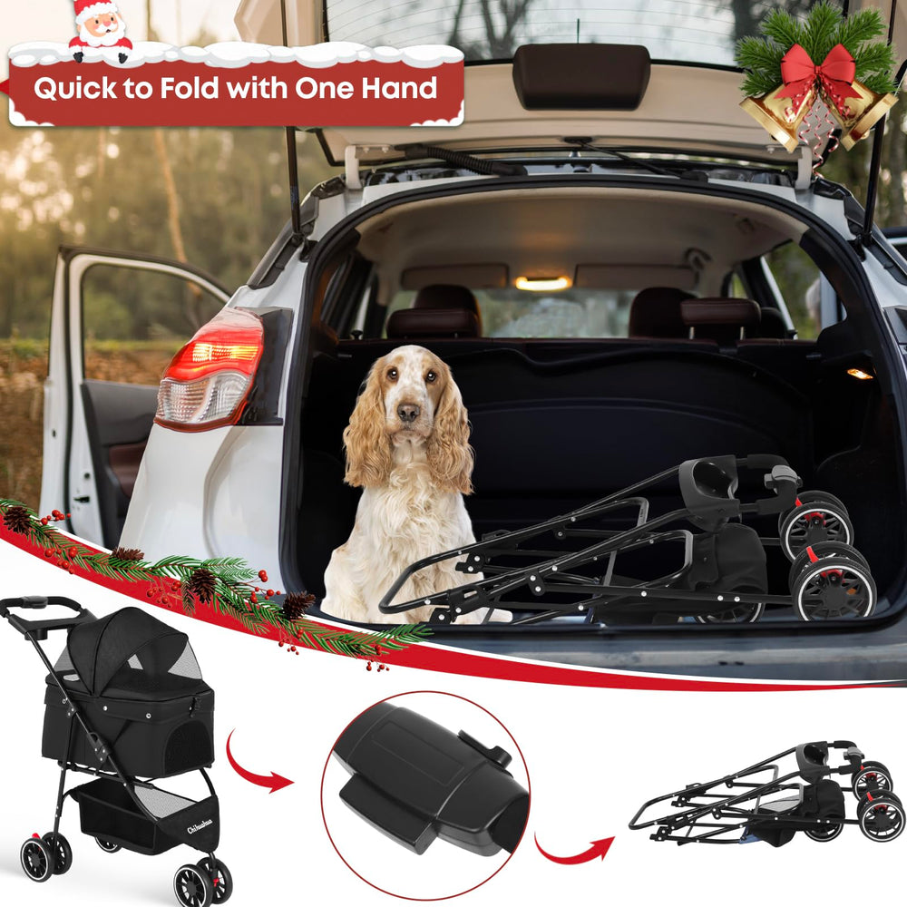 Chihuahua pet stroller folded compact for easy car trunk storage.