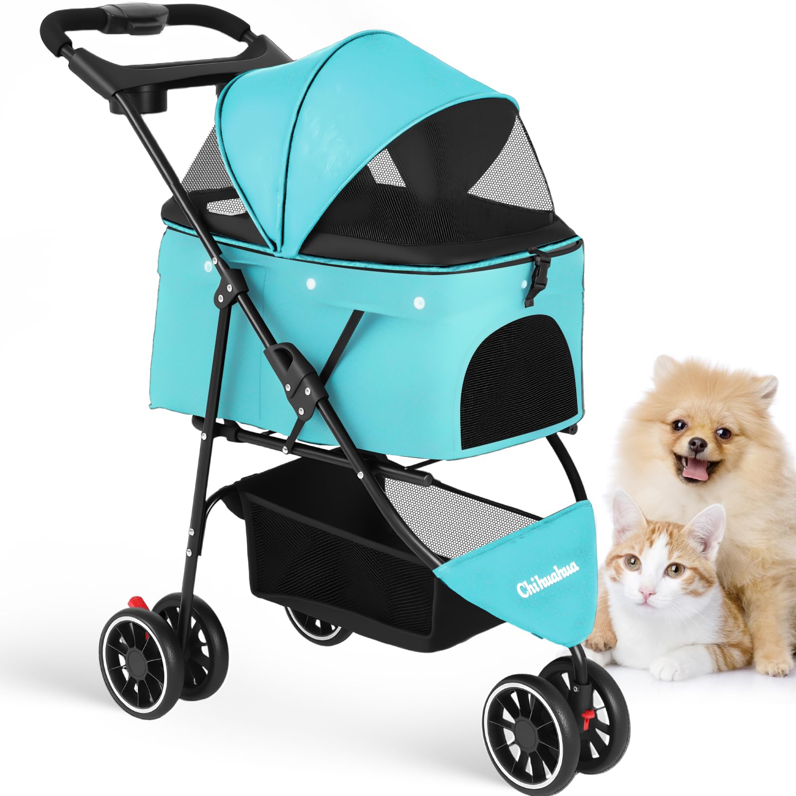 Chihuahua pet stroller front view in mint green offers comfortable on-the-go outings.
