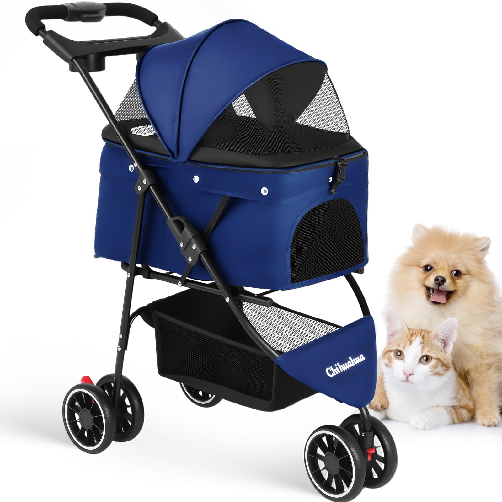 Chihuahua pet stroller front view with dual safety straps for secure travel.