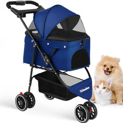 Chihuahua pet stroller front view with dual safety straps for secure travel.