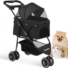 Chihuahua pet stroller front view shows sturdy frame and secure dual straps for safety.