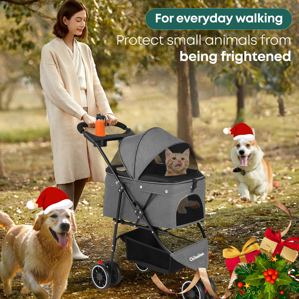 Chihuahua pet stroller grey cup holders illustrate convenient drinks on walks.