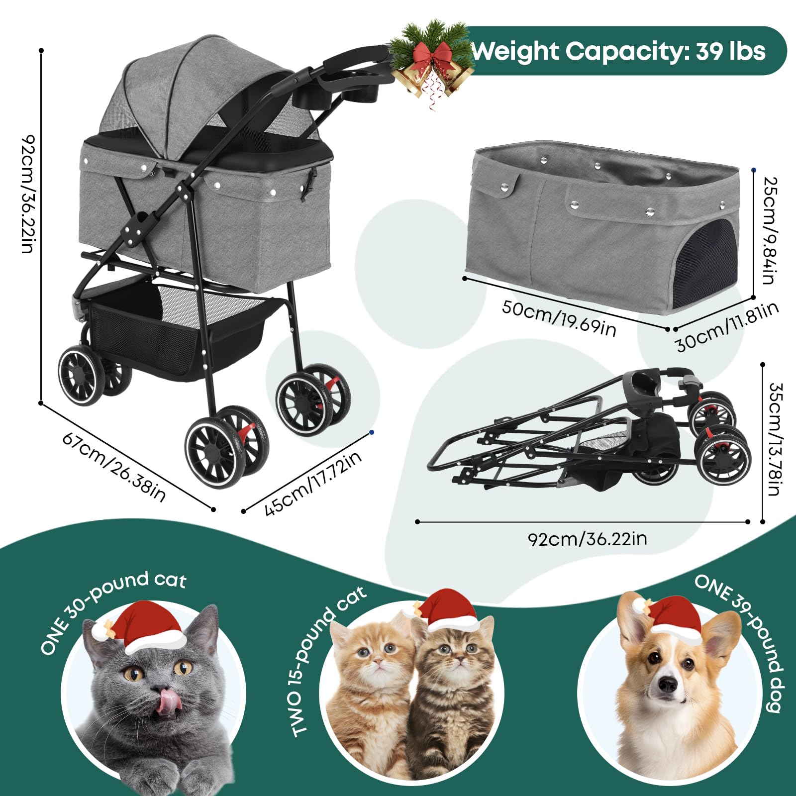 Chihuahua pet stroller grey front view highlighting visibility and easy interaction.