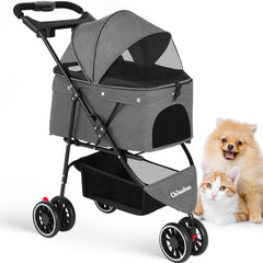 Chihuahua pet stroller grey side view showing breathable mesh for comfortable outdoor walks.